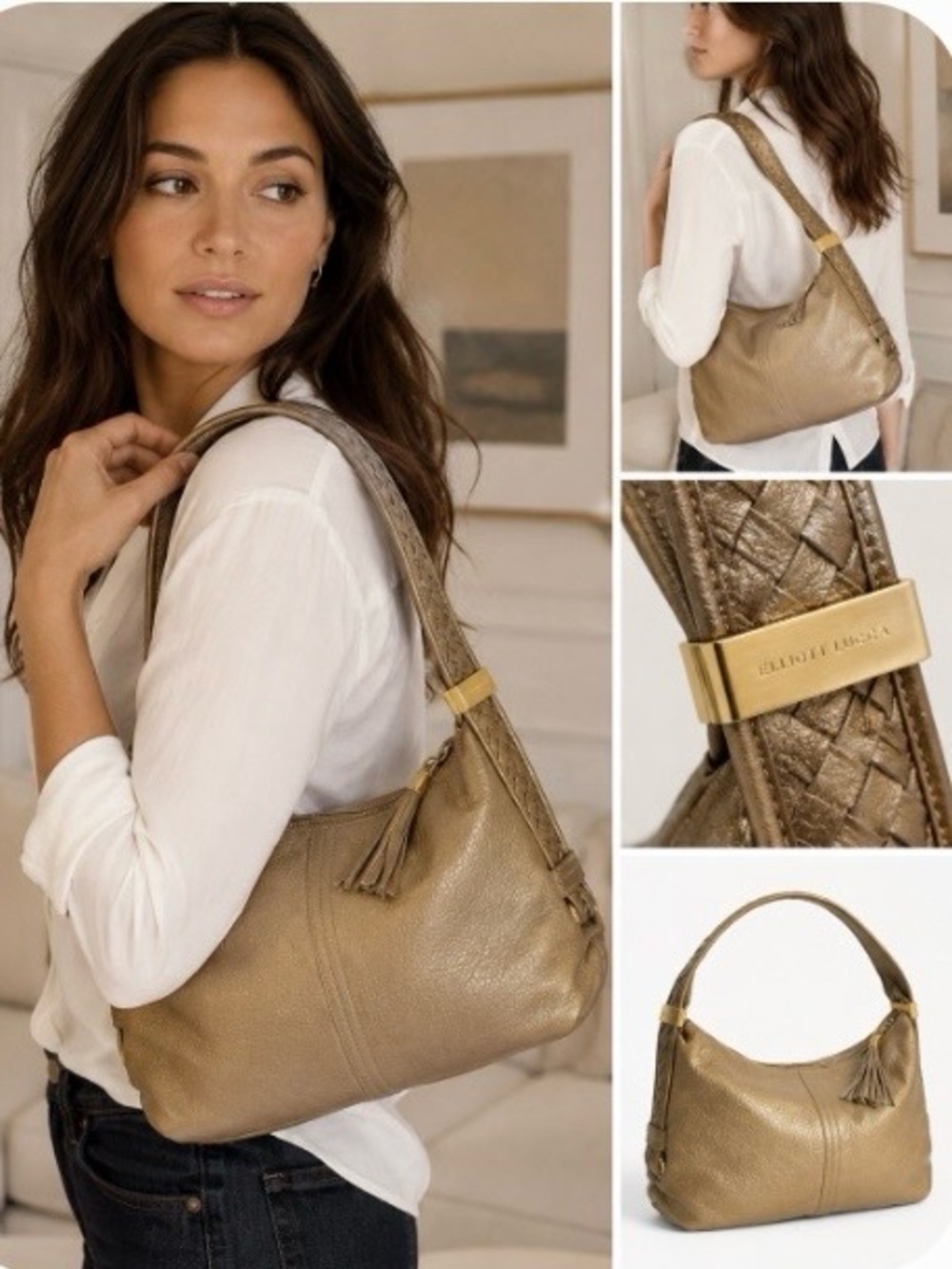 Elliott Lucca Champagne Metallic Leather Hobo | Woven Strap Tassel Bag